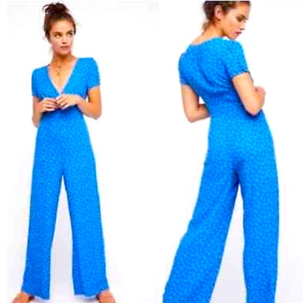 Free People Mia Jumpsuit Blue Size 2 Wide Leg Floral Motif